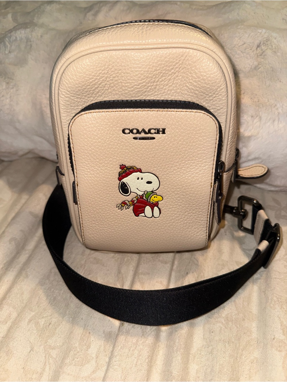 Coach Cream Pebbled Leather Snoopy & Woodstock Crossbody Belt Bag